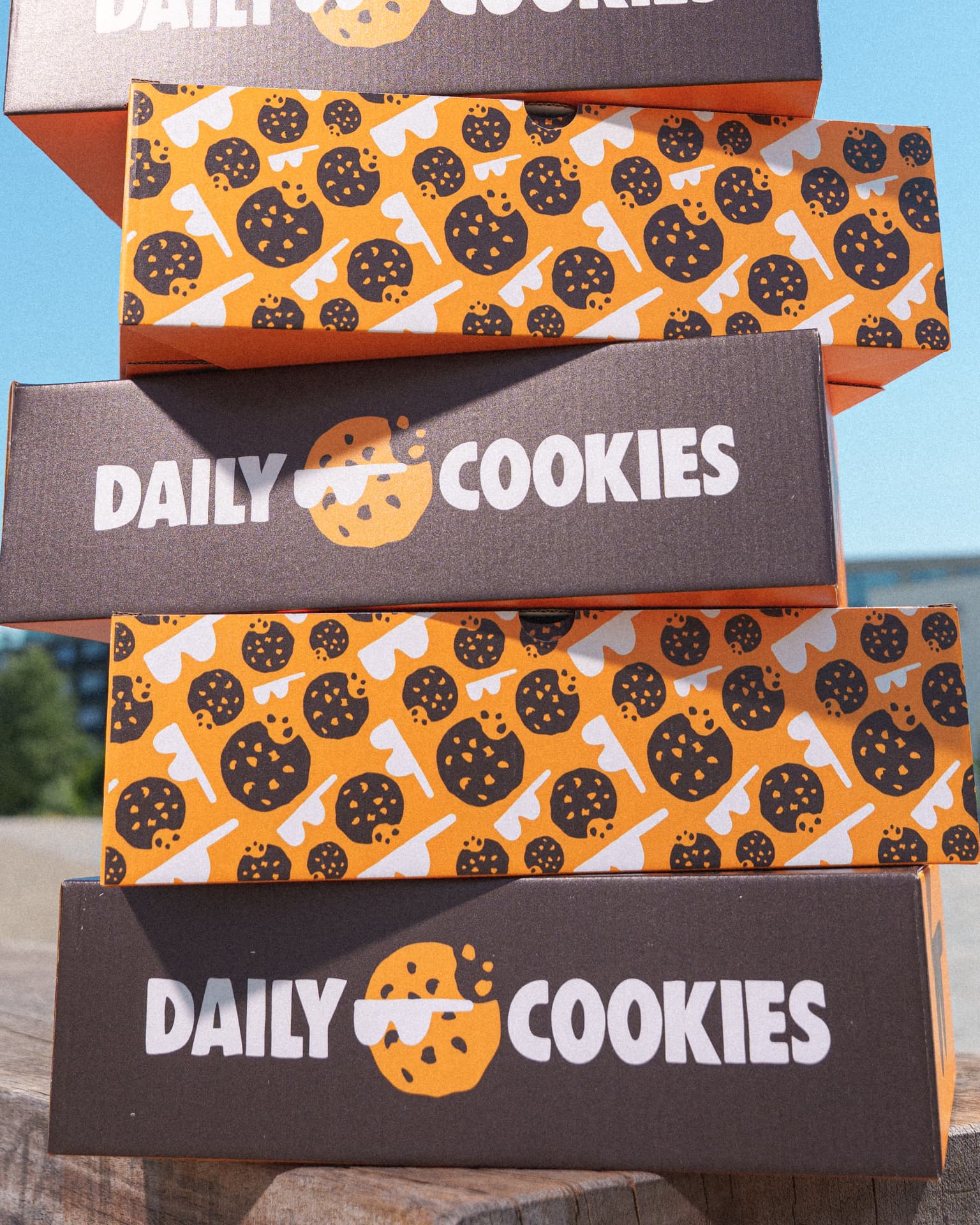 Close-up of stacked Daily Cookies boxes